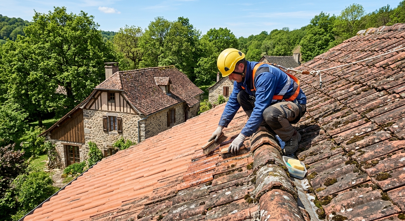 Artisan couvreur r&eacute;alisant un nettoyage de toiture professionnel &agrave; Chantilly
