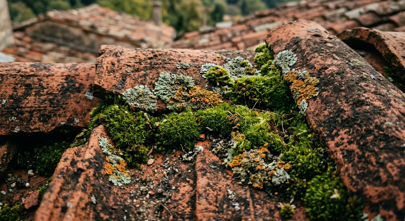 Mousses et lichens sur tuiles