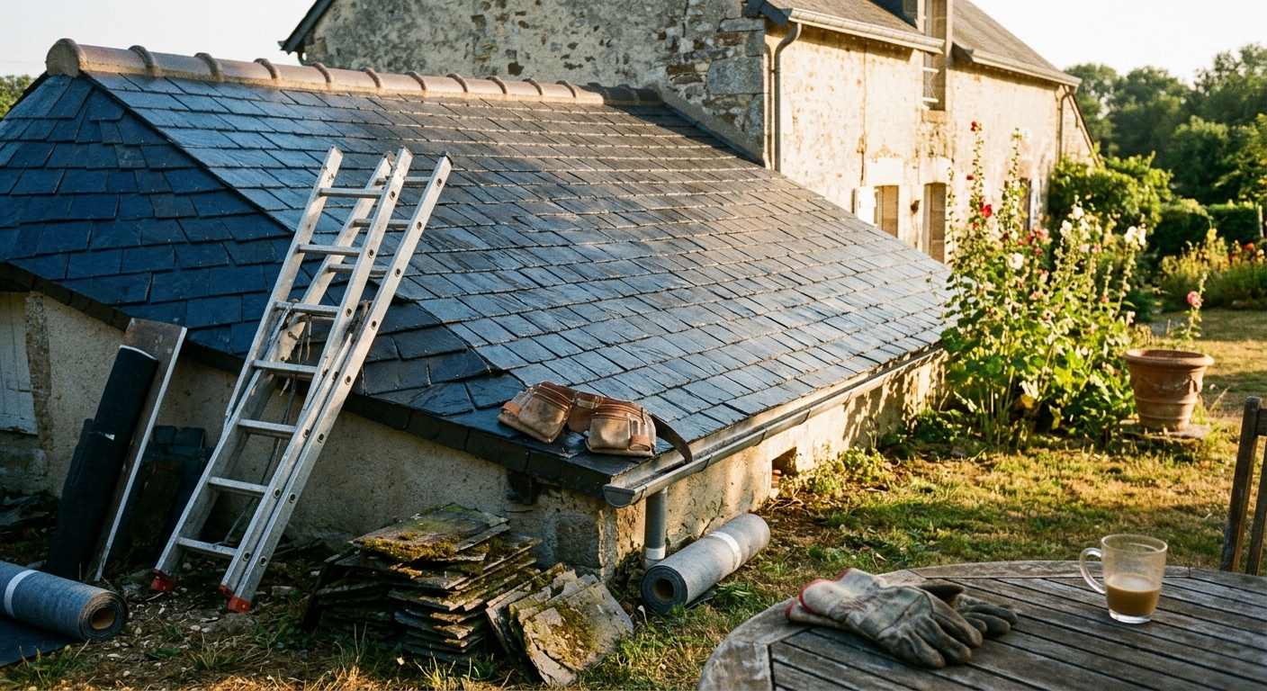 Artisan couvreur souriant apr&egrave;s la r&eacute;novation d'une toiture